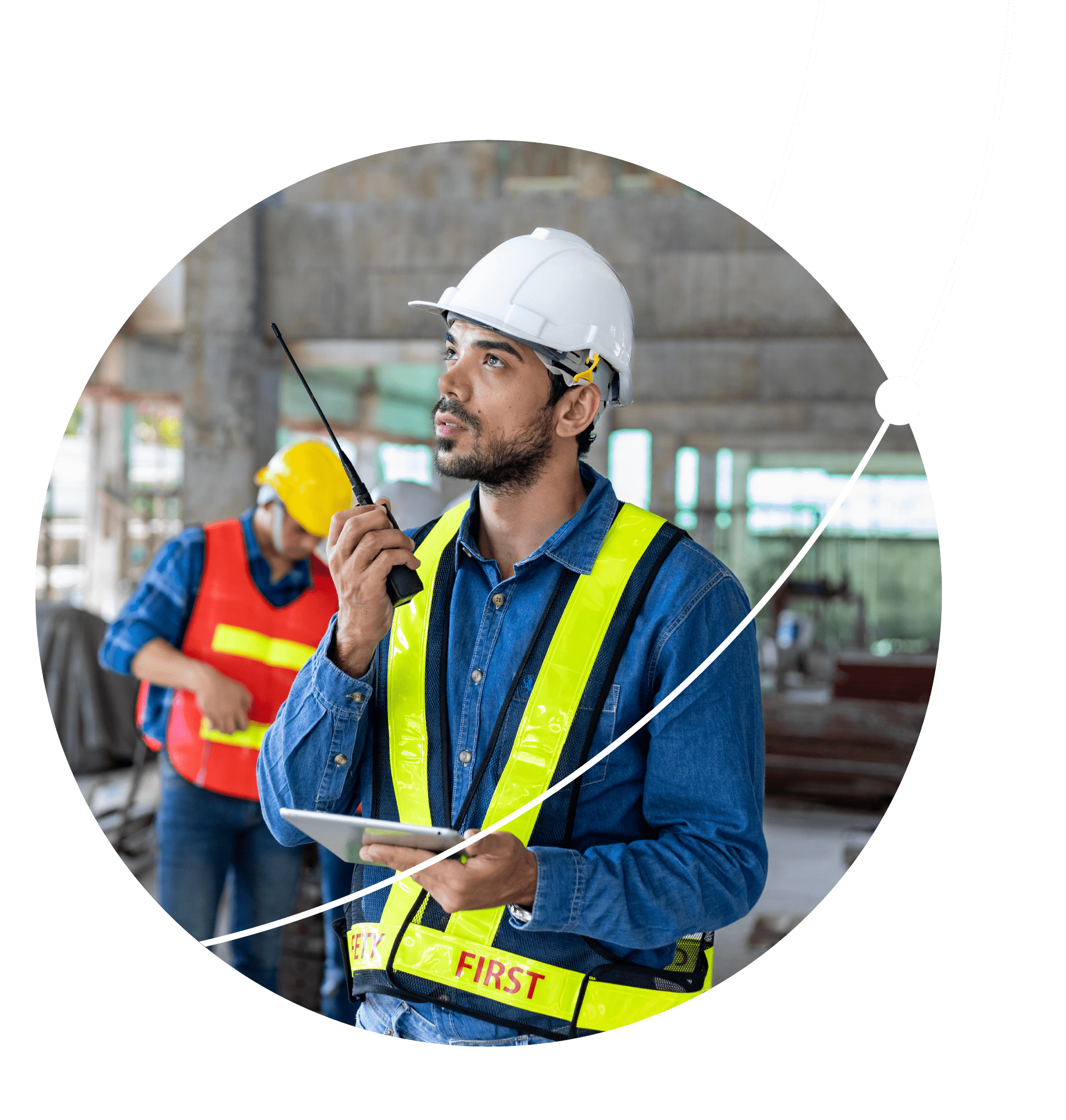 Caucasian engineer with radio walkie talkie in full safety gear is inspecting the crack and leak inside the building structure for investigation over specification and quality control
