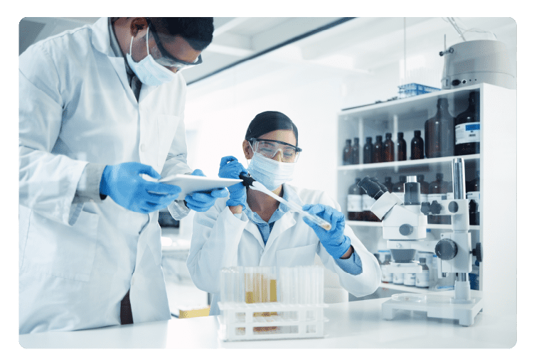 People, mask or scientists on tablet in laboratory for results, life extension or antiaging medicine. Teamwork, vial or biologists with chemistry research, test tube or science information update