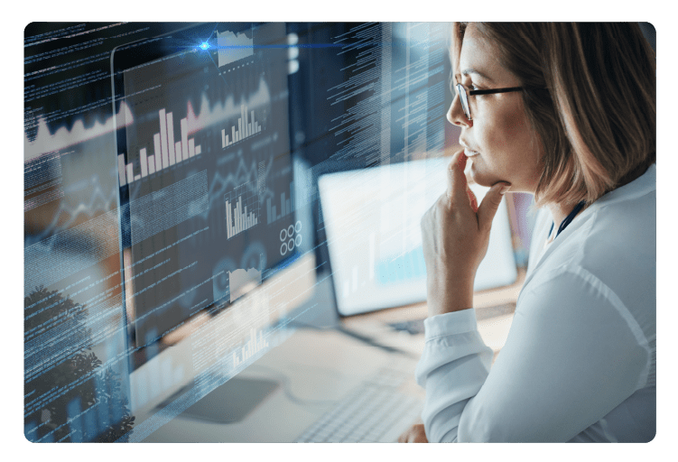 Data analytics, computer screen and woman in night for stock market research, graphs and chart analysis. Trading app, digital overlay and software information technology of business person thinking