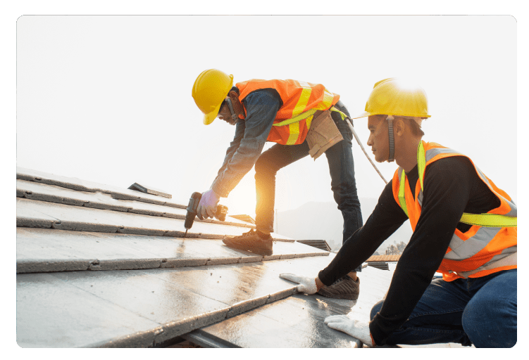 roof extension roof installation engineer roof-construction workers stand on tiled roof