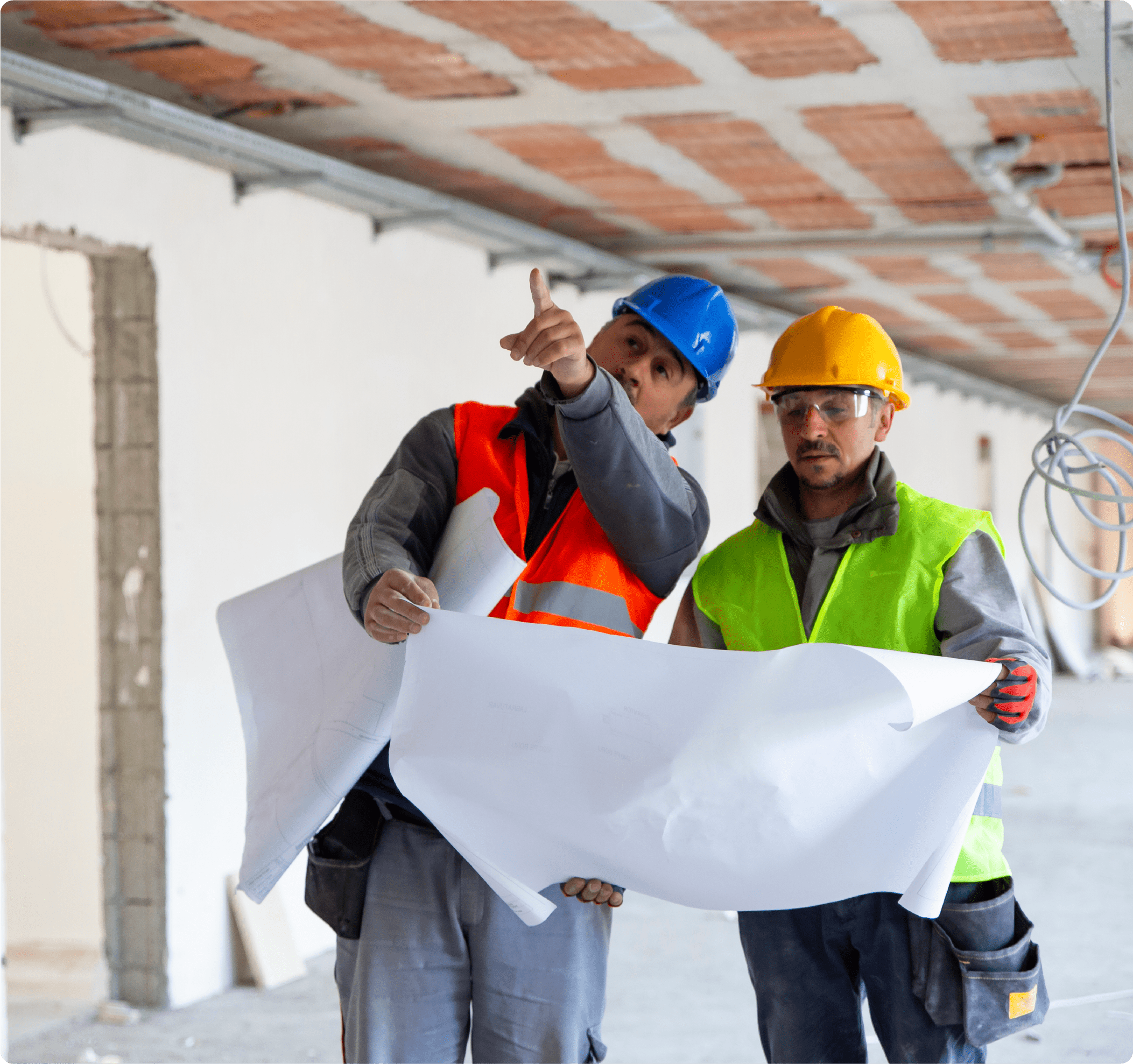 Architect and construction worker planning for improvement