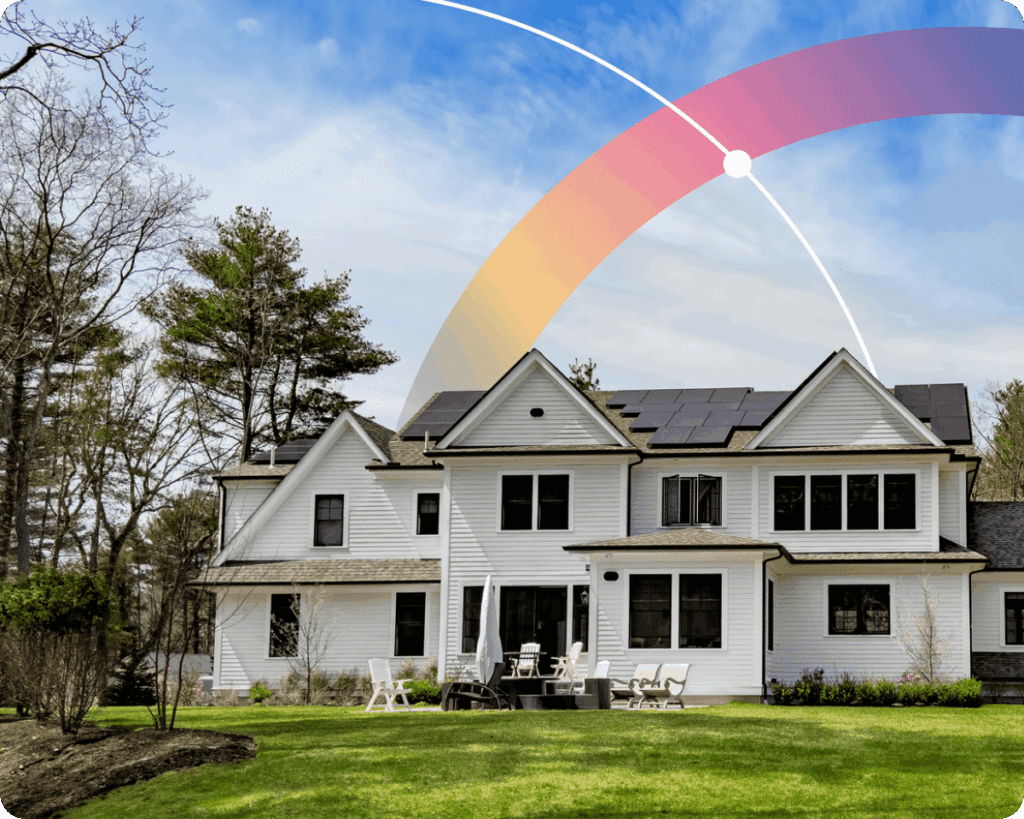 A large white two-story house with black-framed windows and a large backyard. Solar panels are visible on the roof. A circular, colorful gradient arc is superimposed in the sky above the house.